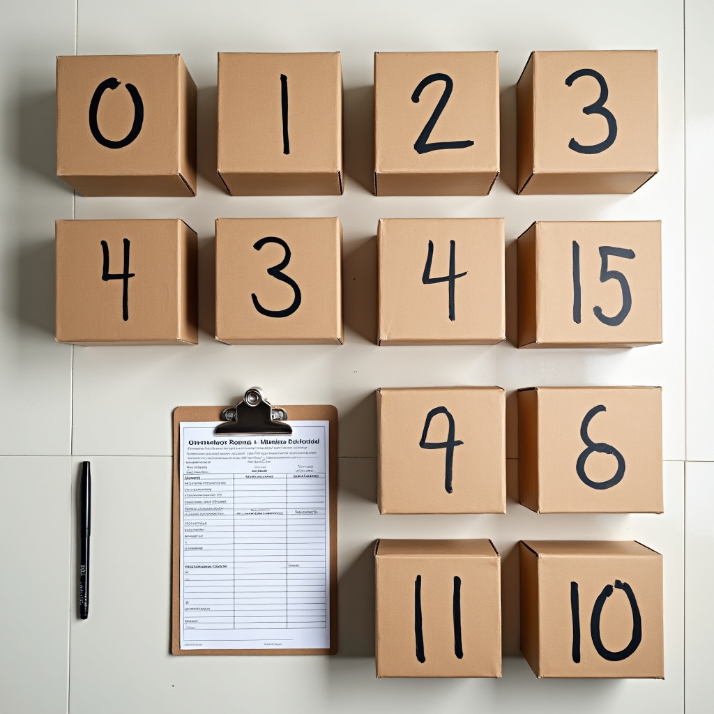 Numbered moving boxes organized with inventory list
