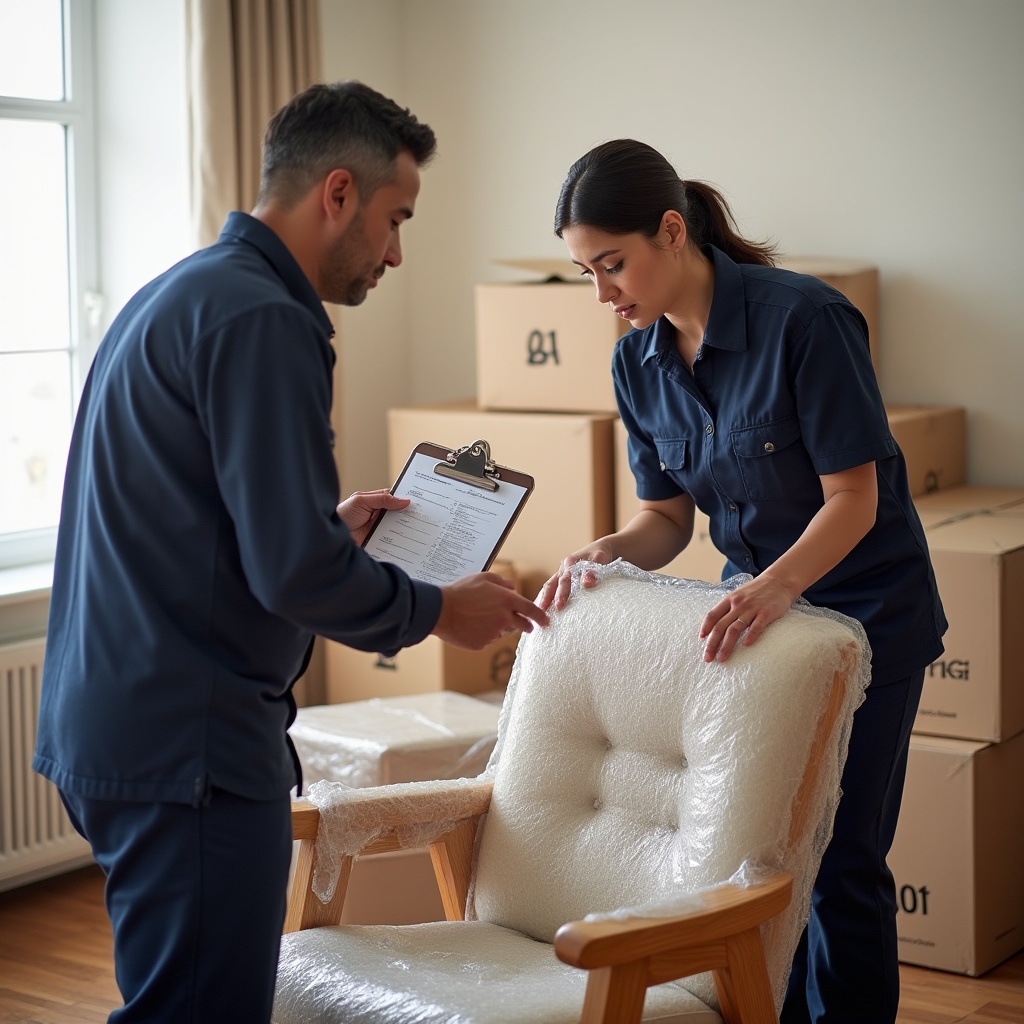 Professional packing team carefully wrapping furniture